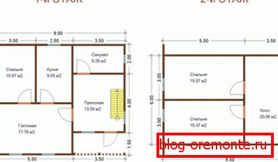 Un plan des premier et deuxième étages d'une maison en rondins est présenté. Un plan des premier et deuxième étages d'une maison en rondins est présenté.