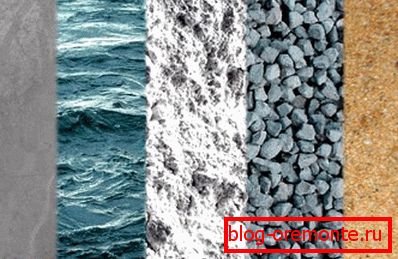 Eau, ciment, pierre concassée et sable - les ingrédients principaux d'une solution concrète Eau, ciment, pierre concassée et sable - les ingrédients principaux d'une solution concrète